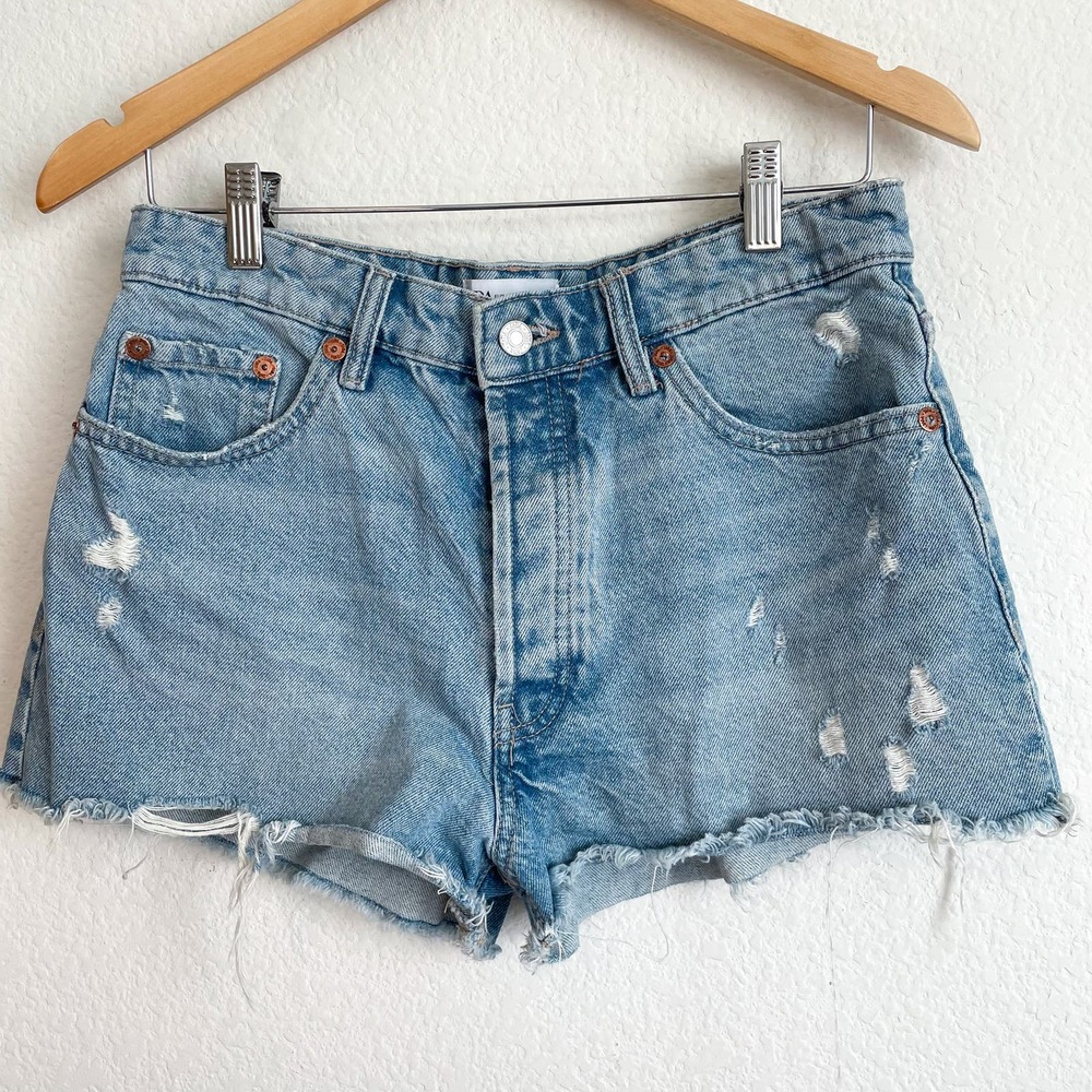 ZARA‎ Distressed Denim Cut Off High Rise Shorts